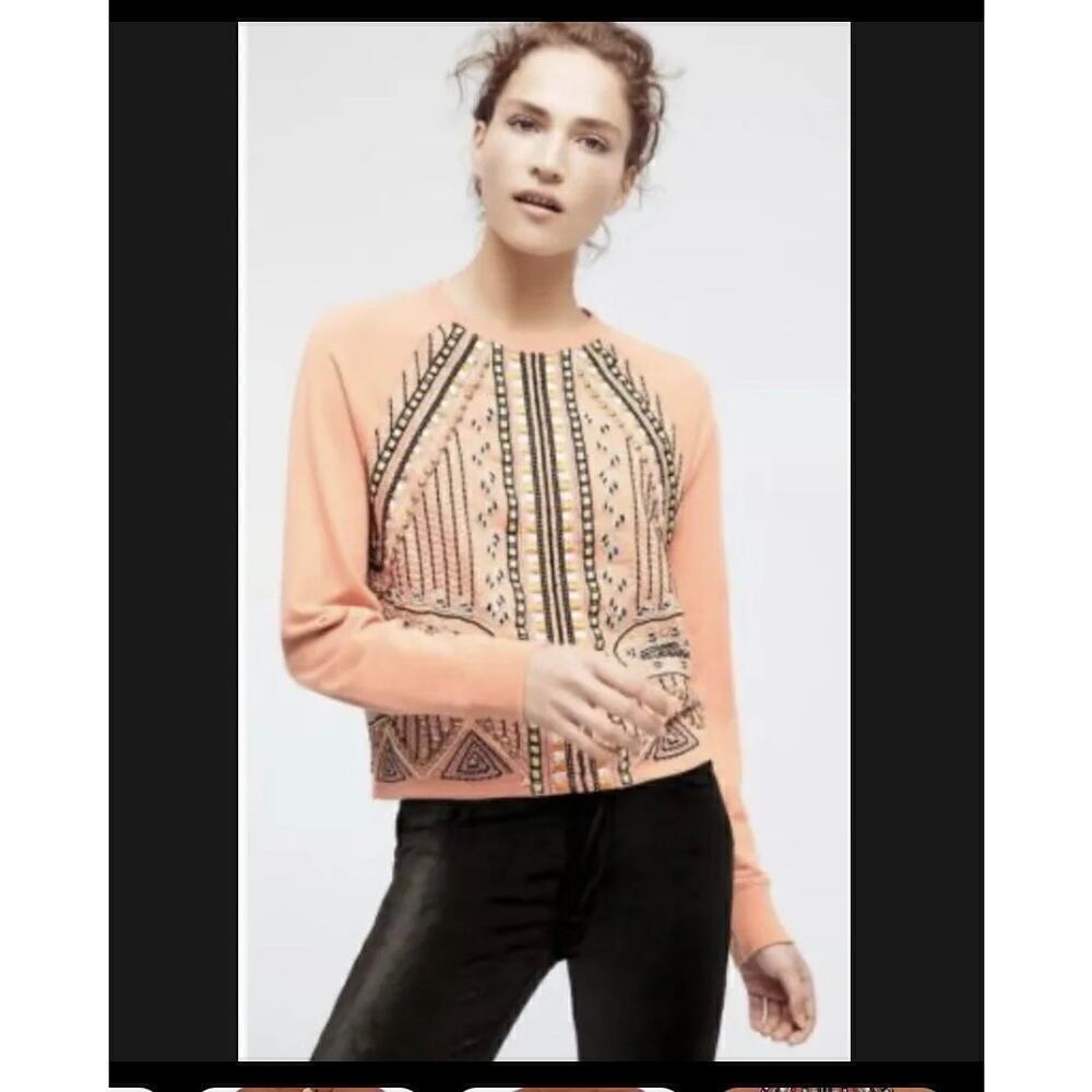 Anthropologie Akemi + Kin Peach Embroidered Beaded Sweatshirt
